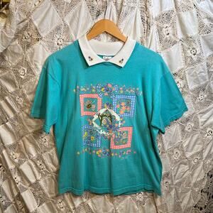 Vintage Turquoise Polo Cottagecore Garden Top by Gopher  / Size L